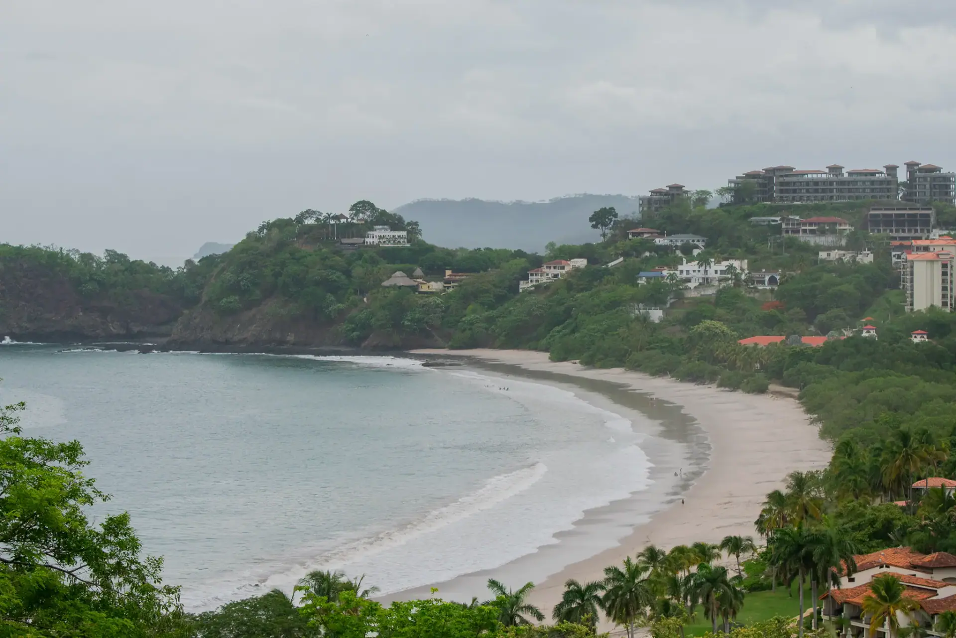 Curved beach and green headland seen from above